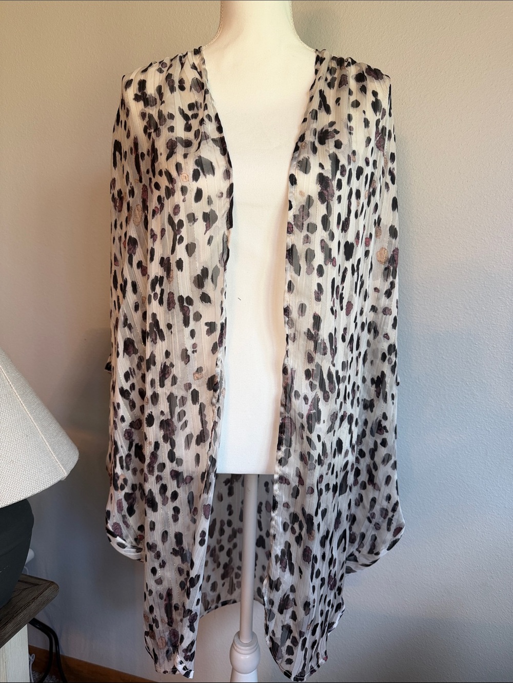 Umgee Sheer Leopard Print Open Front Tunic - Ivory, Black, Brown